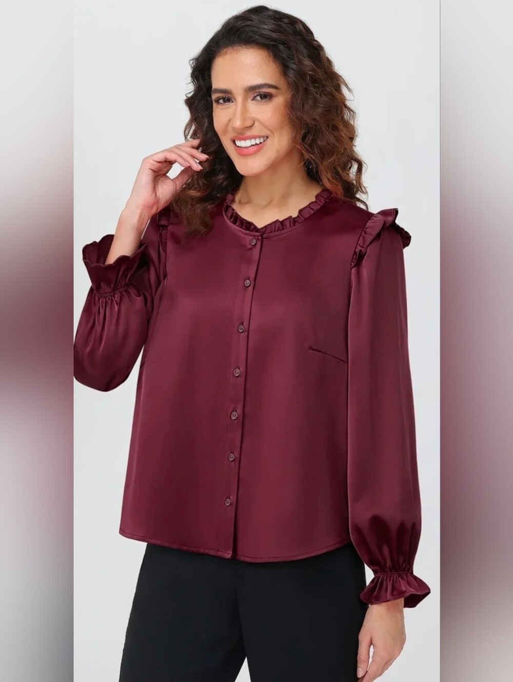 NWT 89th & Madison Satin Ruffle Long-Sleeve Blouse - Burgundy